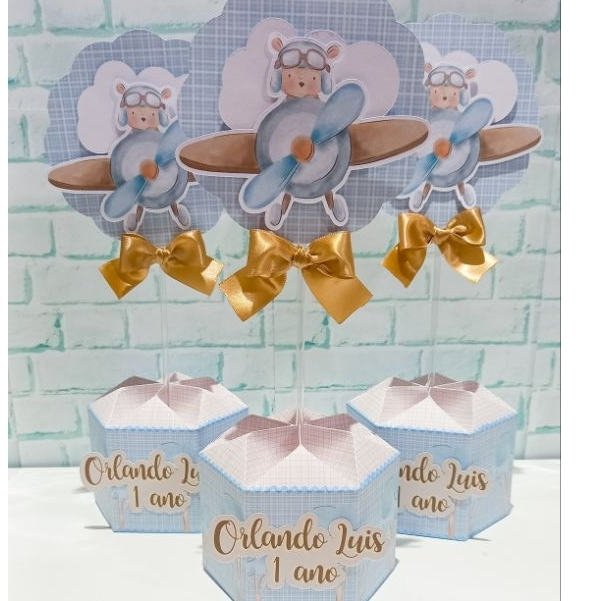 KIT Centro de mesa Ursinho aviador/ arranjo de mesa/ cachepô/ Lembrancinha Infantil. Pegue e Monte