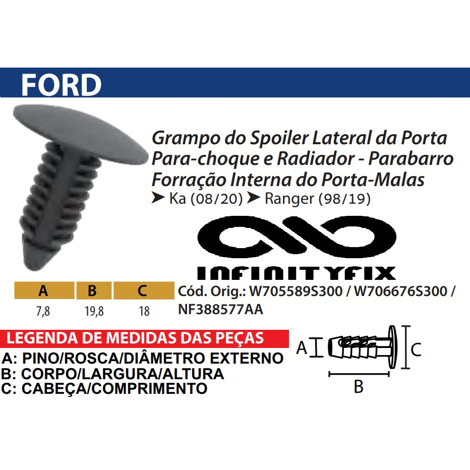10 Presilha Grampo do Spoiler Lateral da Porta - Para-choque e radiador - Parabarro - Forração Interna do Porta-Malas ► Ford Ka (08/20) ► Ford Ranger (98/19) - IGUAL W705589S300