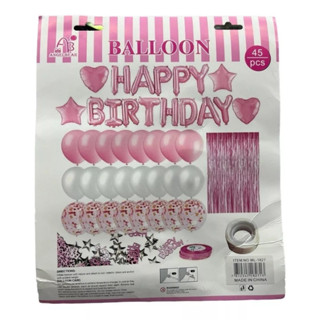 Kit Bexiga Balão Cortina Metalizado Happy Birthday Festa Decoração Aniversario 45pçs - Rosa