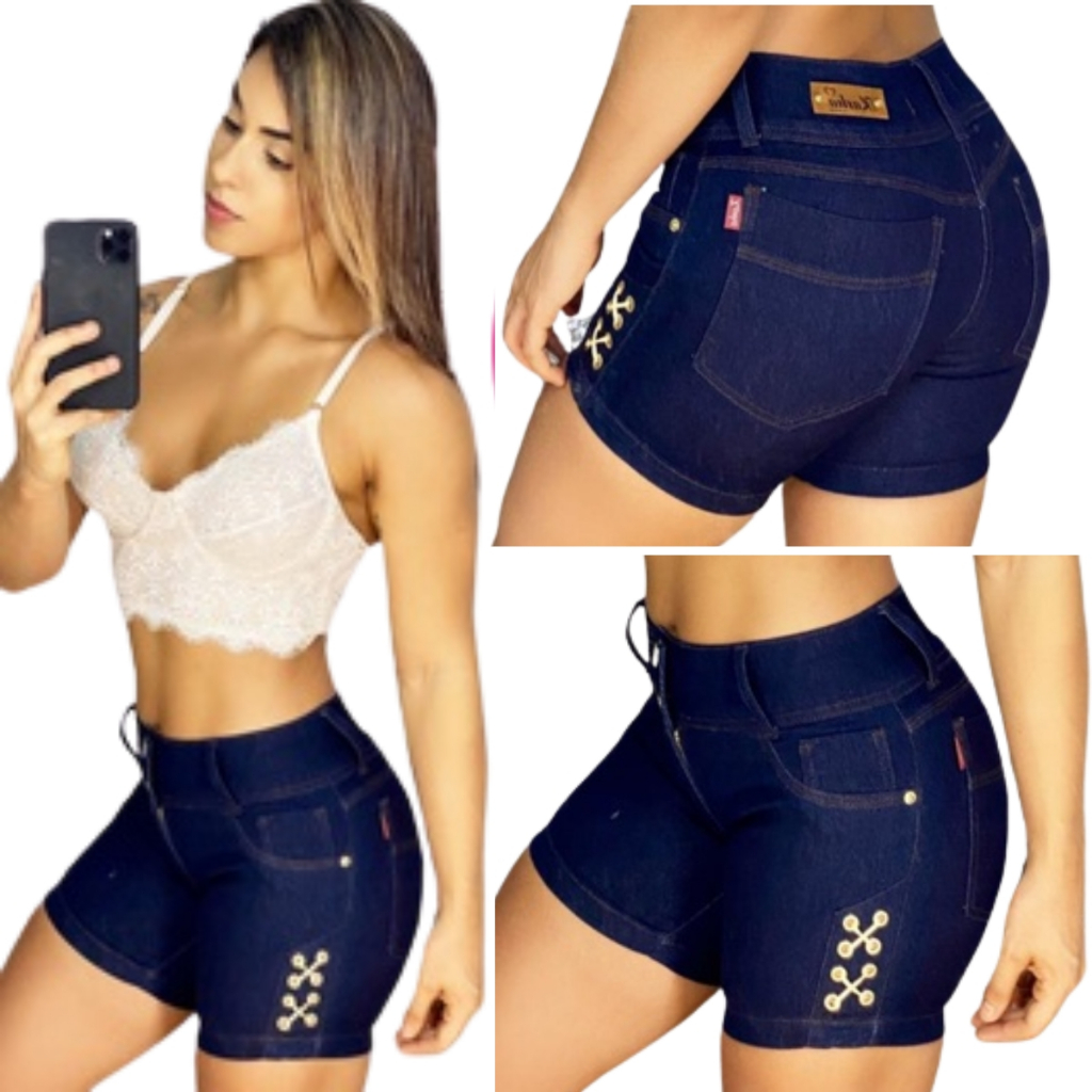 Short Jeans Feminino Cós  Hot Pants cós alto meia coxa detalhe em ilhós com lycra