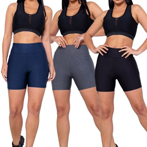 Kit 3 Peças Shorts Legging Leg Feminino Academia Fitness Sem Transparência Tecido Grosso Cós Alto