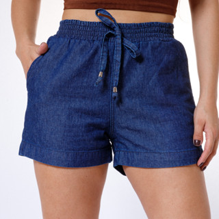 Short Feminino Jeans Cintura Alta Bermuda Tecido Leve Com Cordão