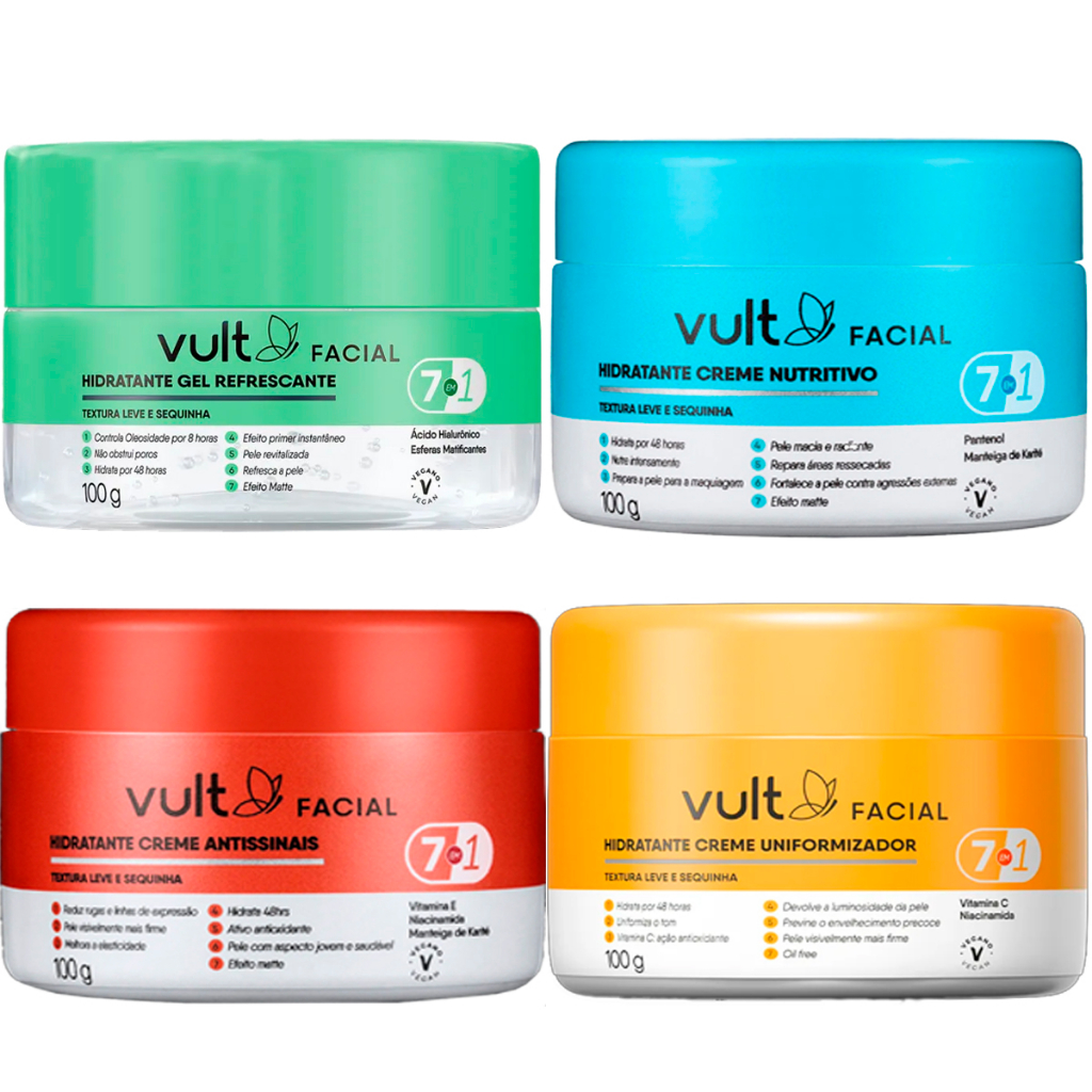 Kit creme Hidratante facial antissinais Uniformizador Nutritivo Refrescante Vult 100g