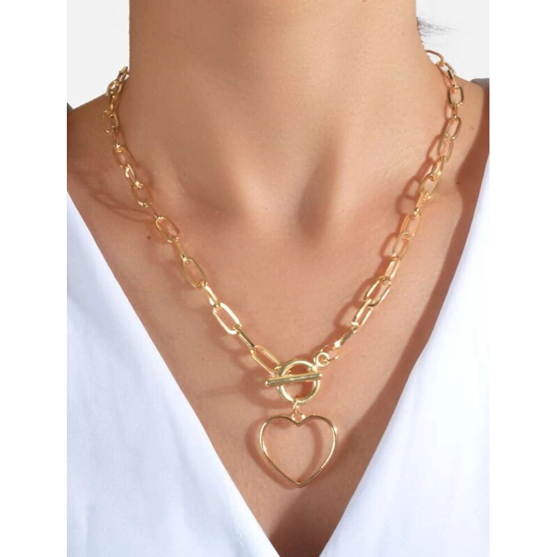 Colar Feminino Em Aço Inoxidável Corrente Dourado Choker Grosso Com Pingente Coração Tendência Grossa Moda Grande Mulher