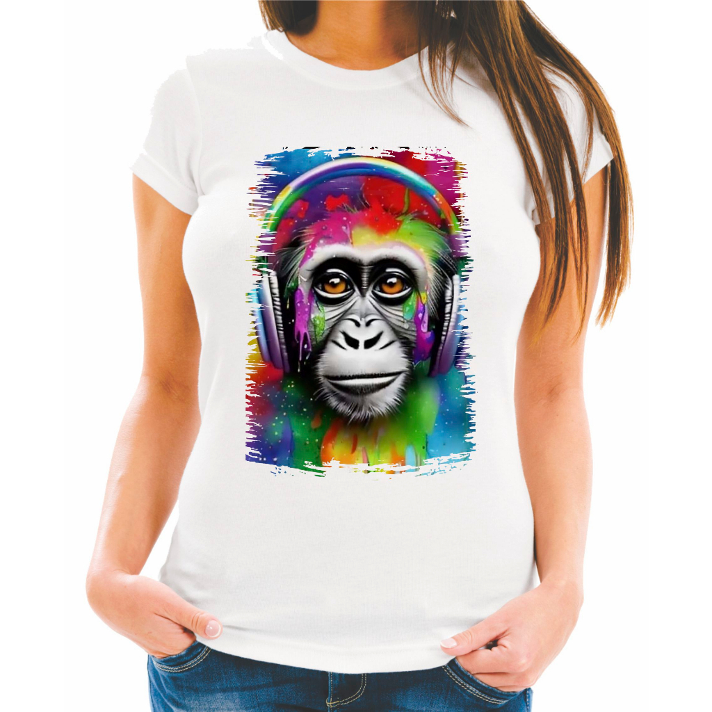 Camiseta Baby Look Raglan Feminina ou Camiseta Raglan Unissex Estampa Abstrato Macaco Headfone Multicor 70