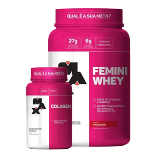 Kit Colágeno Colagen 100 Caps + Whey Feminino Femini 600g Sabor Morango - Max Titanium