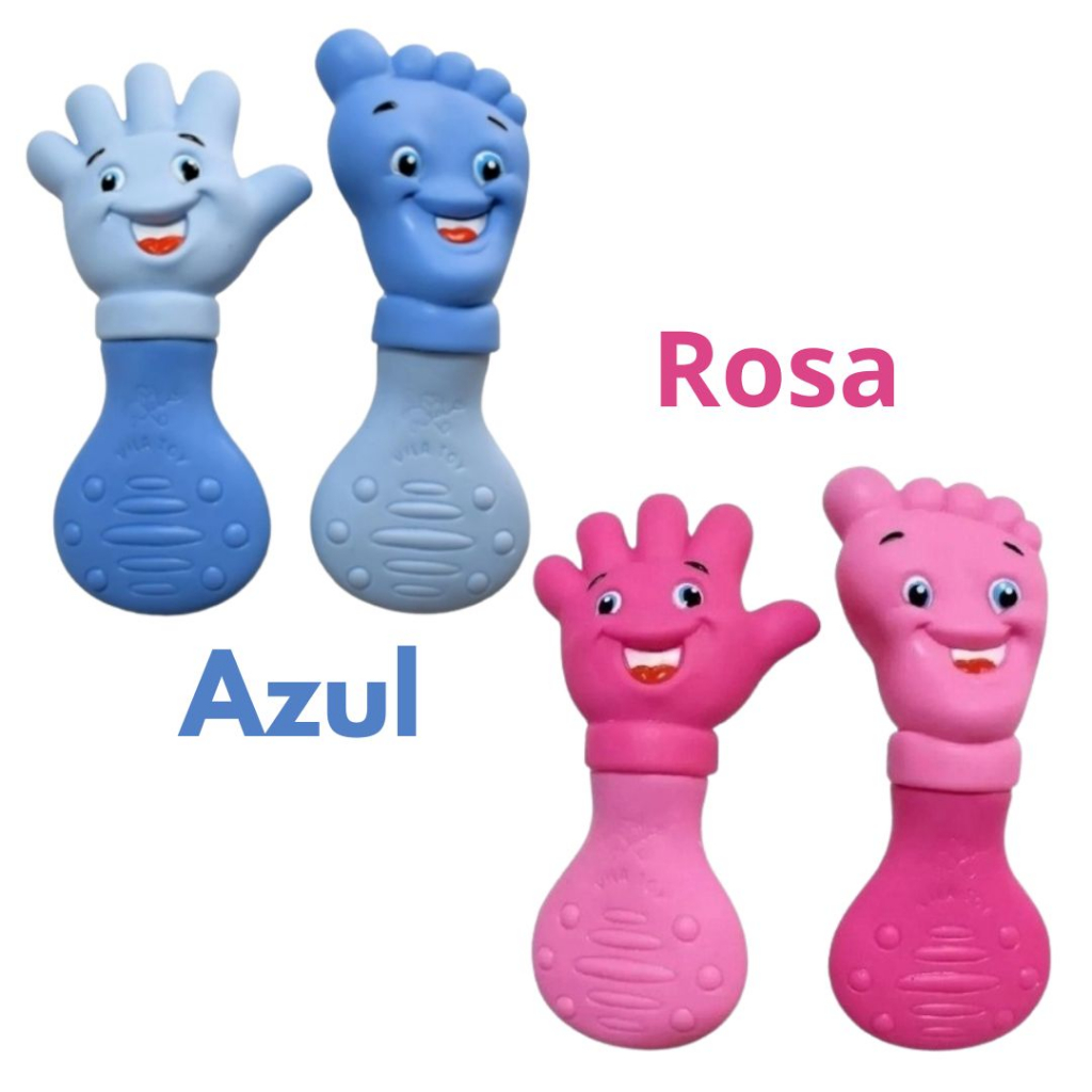 Kit 2 Mordedor Bebê Mãozinha Pezinho Macio Brinquedo Bebes Azul e Rosa