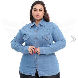 Camisa Jeans Social Feminina Manga Longa Plus Size - EWF - Azul Claro