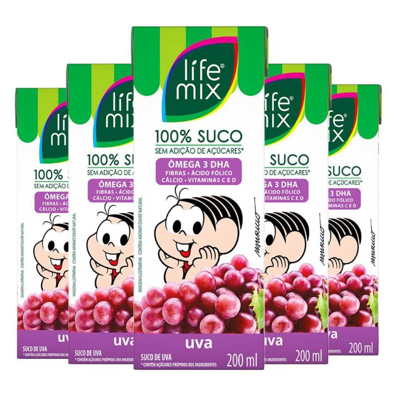 6 Unidades Suco Life Kids Sem Açúcar de Uva 200ml - 100% Suco com Ômega e Vitaminas