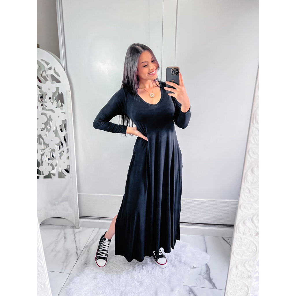 vestido gola V manga comprida com bolso e fenda lateral em Oferta na Shopee