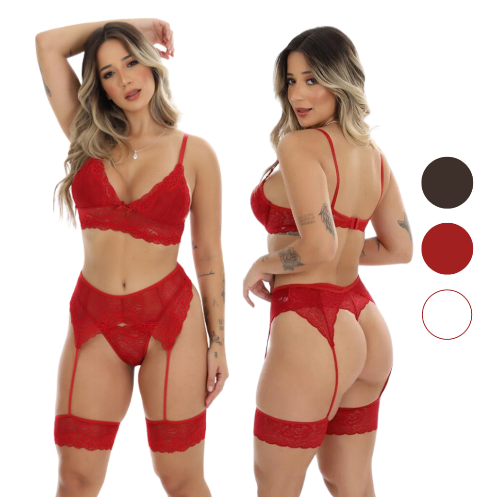 Conjunto Sexy de Renda Calcinha e Sutiã + Cinta Liga Lingerie Sensual Sem Bojo de Luxo em Oferta na Shopee