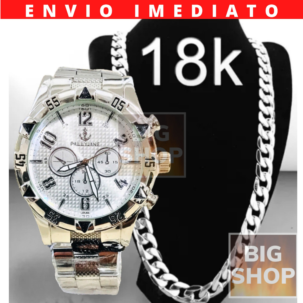 Prata Relógio Masculino Aço Analogio De Pulso + Corrente Prata 925 Aço Inox