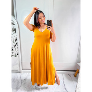 vestido longo gola V tecido viscolaycra com fenda lateral em Oferta na Shopee