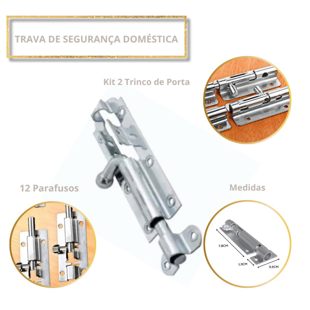 Kit 2 Trinco Tarjeta Ferrolho para Porta em Aço Zincado 3 MM + 12 Parafusos