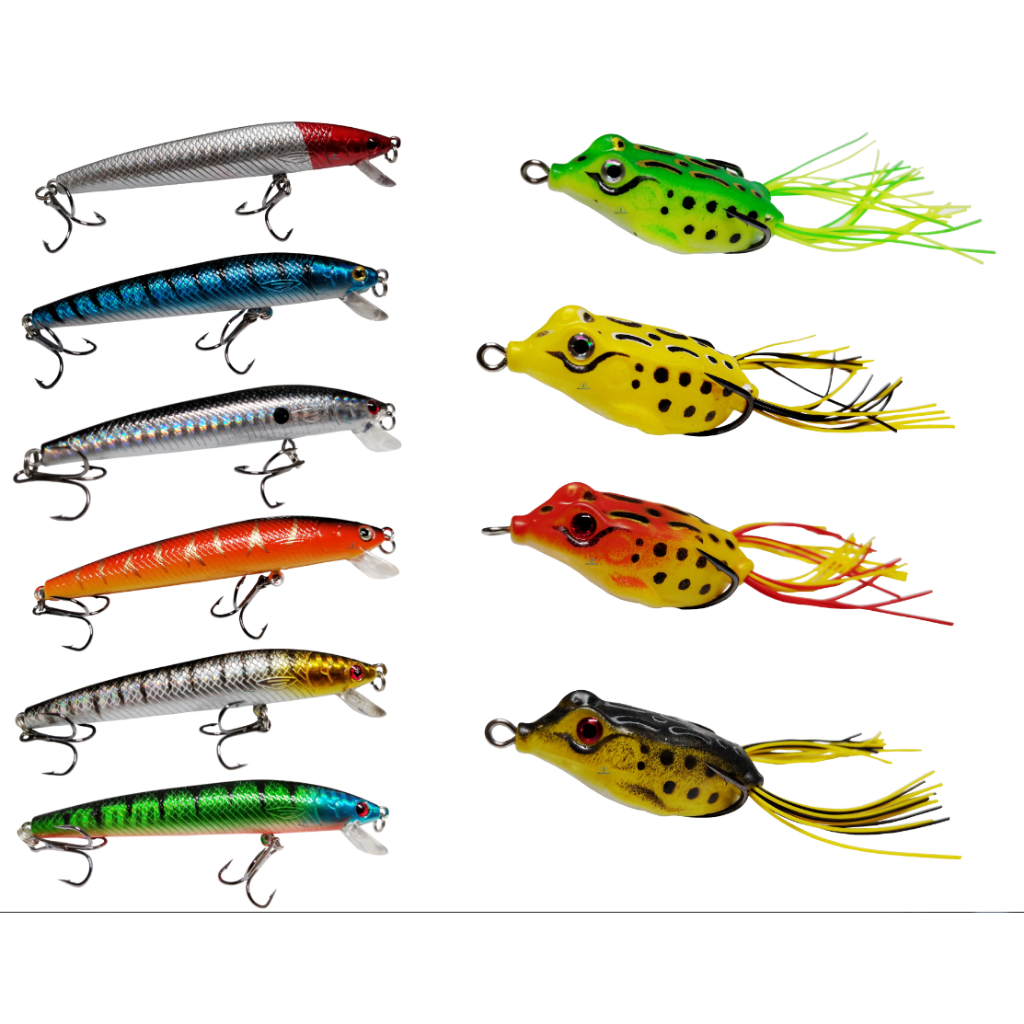 Kit 6x Isca Artificial Meia Água + 4x Frog Sapo Sapinho Anzol Duplo Anti Enrosco - Tucunaré Traíra