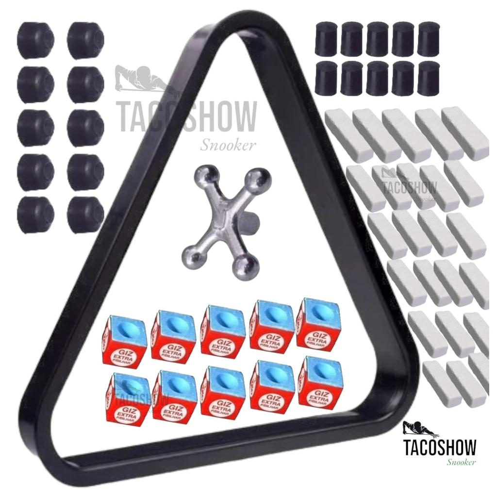 Kit Reparo Bilhar Sinuca Triangulo 10 Giz Azul 10 Ponteira Virola Rista 10 Culatra Borracha 1 Cruzeta 24 Giz Branco