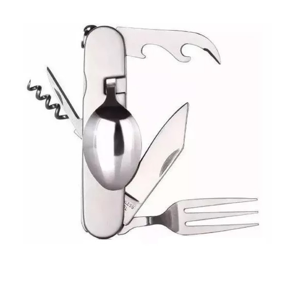 Kit Talher Canivete Suiço Multifuncional Inox Garfo Colher Faca Abridor Talheres Metal Camping Trilha Pesca