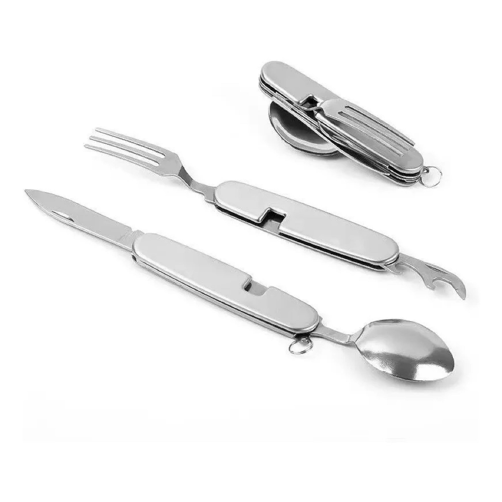 03 Kit Talher Canivete Suiço Multifuncional Inox Garfo Colher Faca Abridor Talheres Metal Camping Trilha Pesca