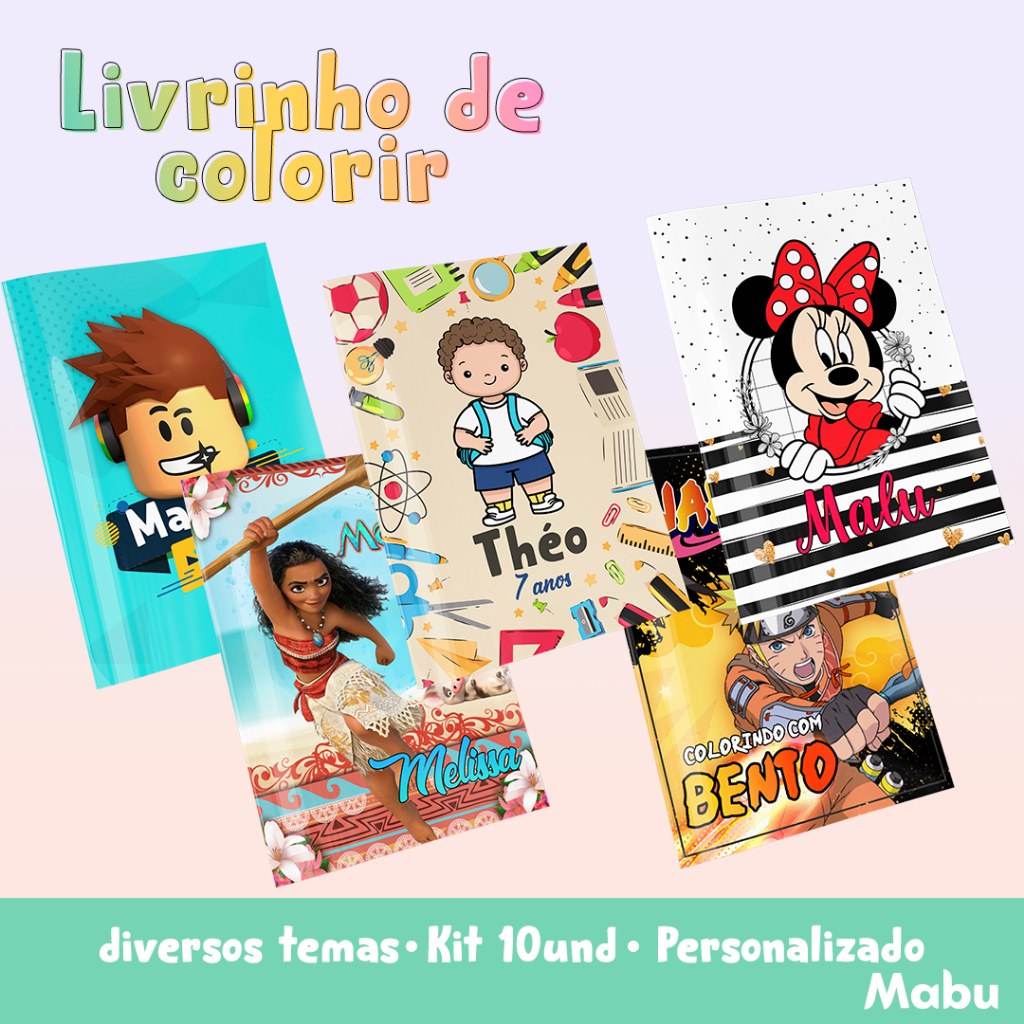 Kit 10 Livro/livrinho/resvitinha para colorir Desenhos - Lembrançinha de aniversário Personalizado com Nome