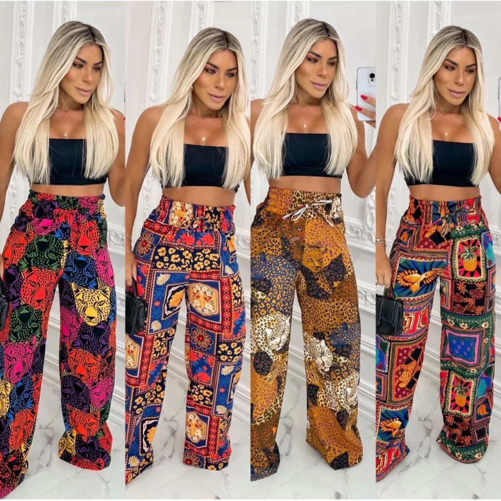 Calça Pantalona Feminina Cintura Alta com elástico grosso na cintura Estampada Elegante — imagem 1