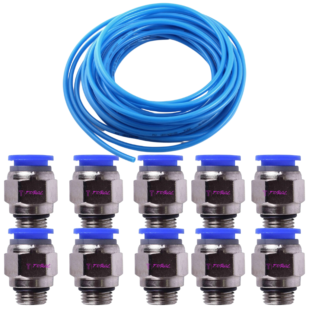 10 Metros Mangueira Pneumática PU Azul 6mm e 10 Conexão Pneumática Reta Rosca macho 1/4 x 6mm