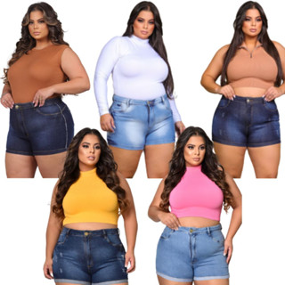 Short Jeans Plus Size Feminino Luxo Com Lycra Cintura Alta Barra Normal com Lycra