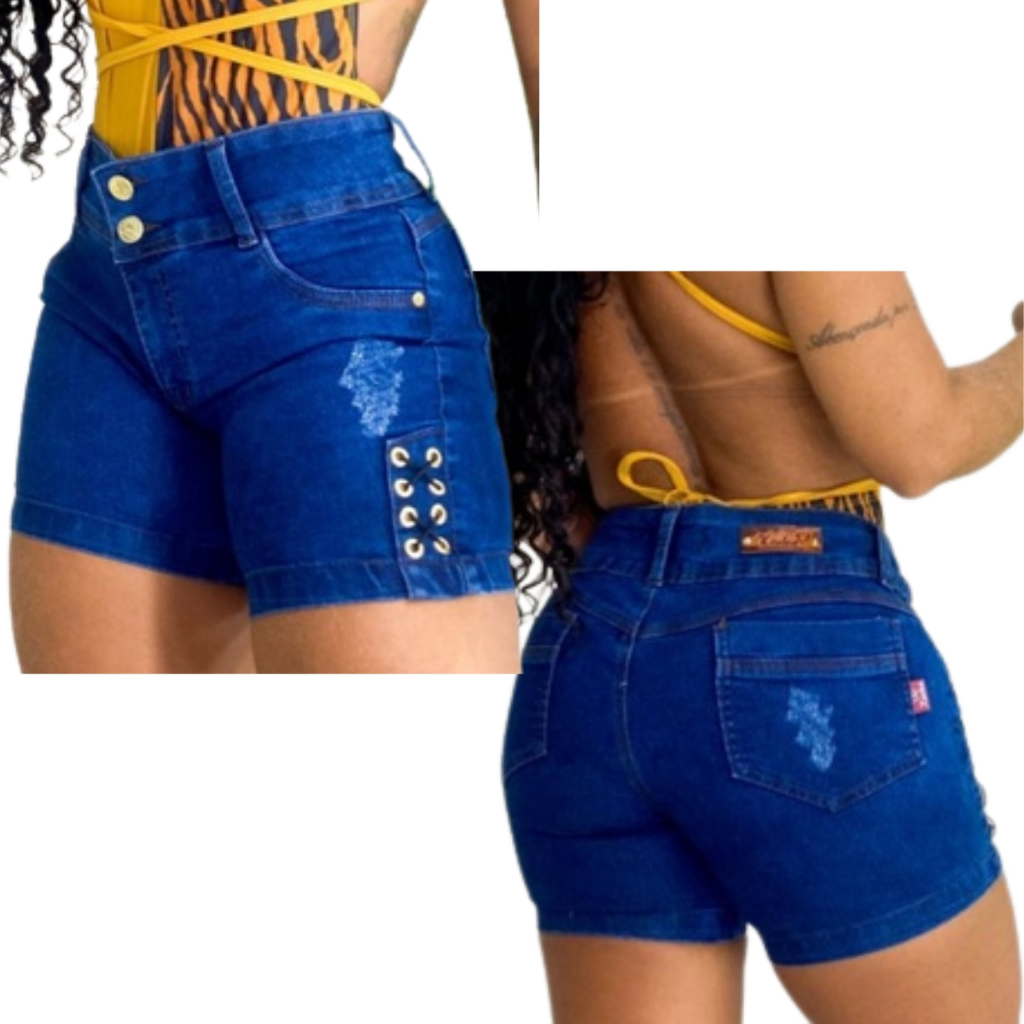 Short Jeans Meia Coxa com Lycra Short Feminina Azul Escura  Cintura Alta, Cós Alto, levanta o bumbum