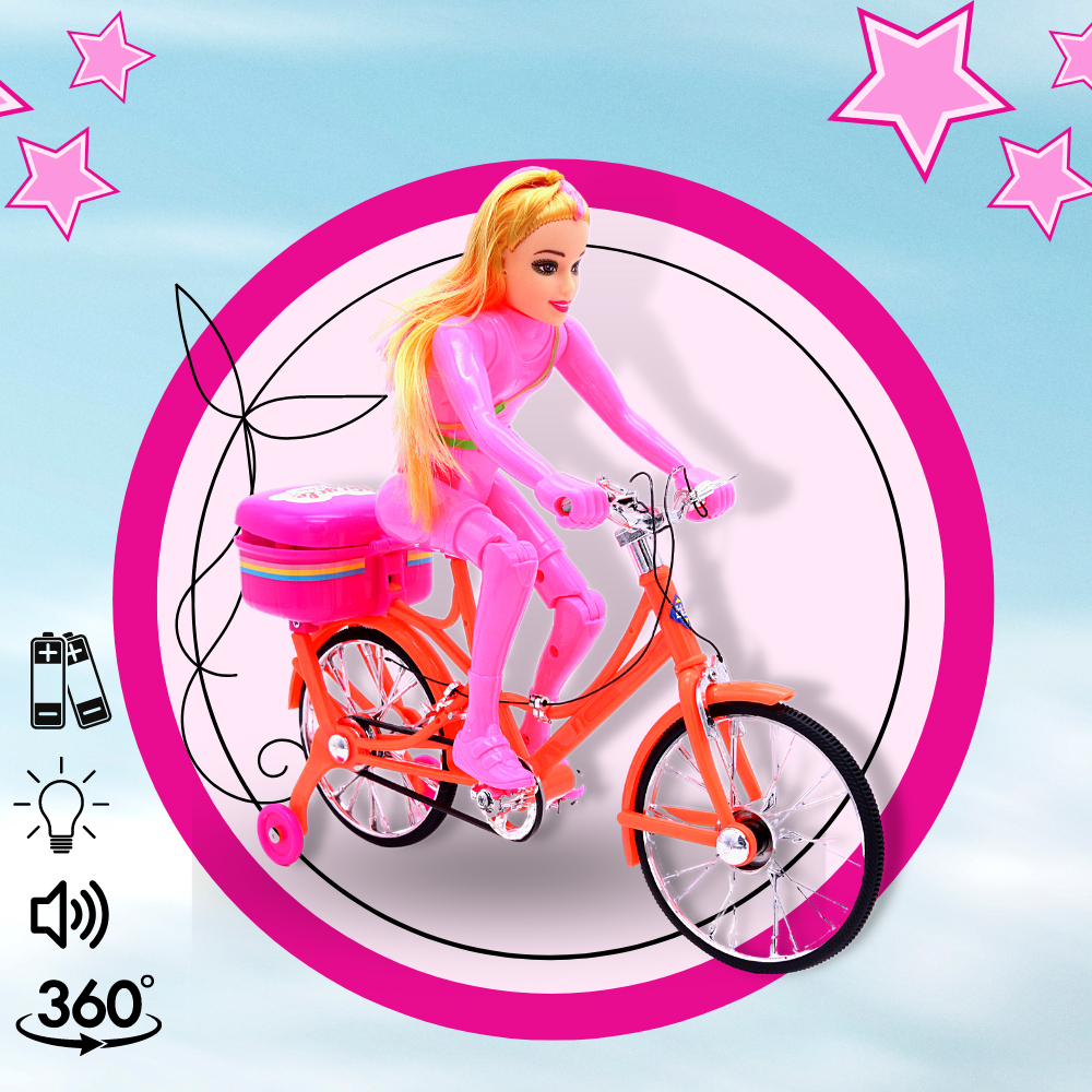 Boneca Ciclista Musical Pedala Articulada Luz e Sons Estilo Barbie Bonequinha Ciclista