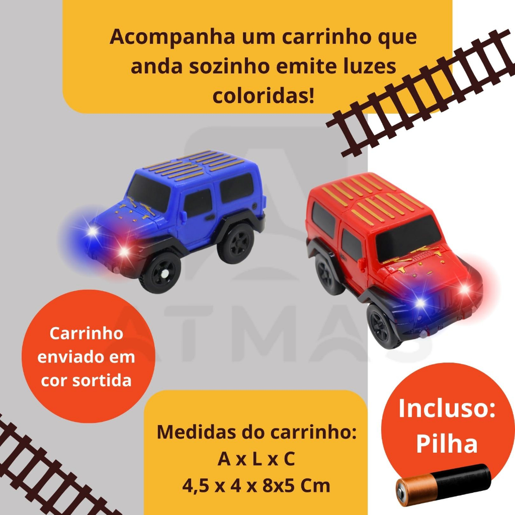 Conjunto Pista Trilha Maluca 280 Segmentos Corrida Colorida Trilho Infantil Carrinho Elétrico Led Loop + Carrinho a pilha com LED