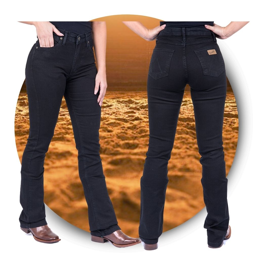Calça Jeans Feminina Wrangler Original Barra Flare Cintura Alta com Lycra Preto Lisa Moda Country
