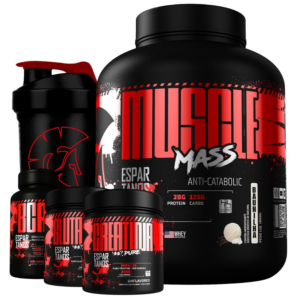 Kit Suplemento Hipercalórico Muscle Mass + Bcaa 3:1:1 + Creatina + Glutamina + Shaker - Espartanos