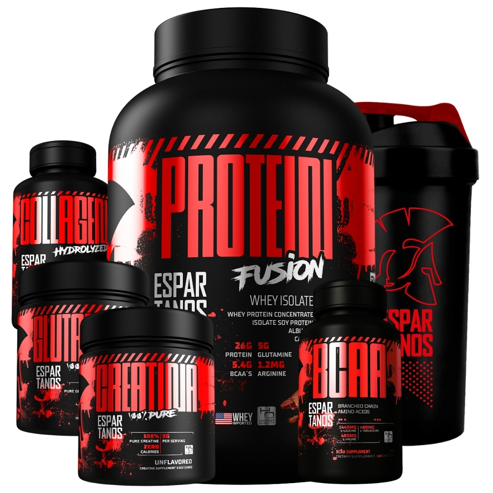 Kit Whey Protein Isolado Fusion + Bcaa + Creatina Pura Monohidratada + Glutamina Pura + Colágeno Hidrolisado + Shaker - Combo de Suplementos Completo para Massa Muscular