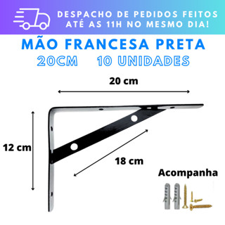 Kit 10 Mão Francesa Preta Prateleira 20cm + Parafusos e Buchas