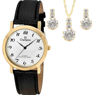 Kit Relógio Champion Feminino Com Pulseira Em Couro CH22162W