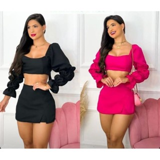 Conjunto (short saia +cropped)manga princesa
