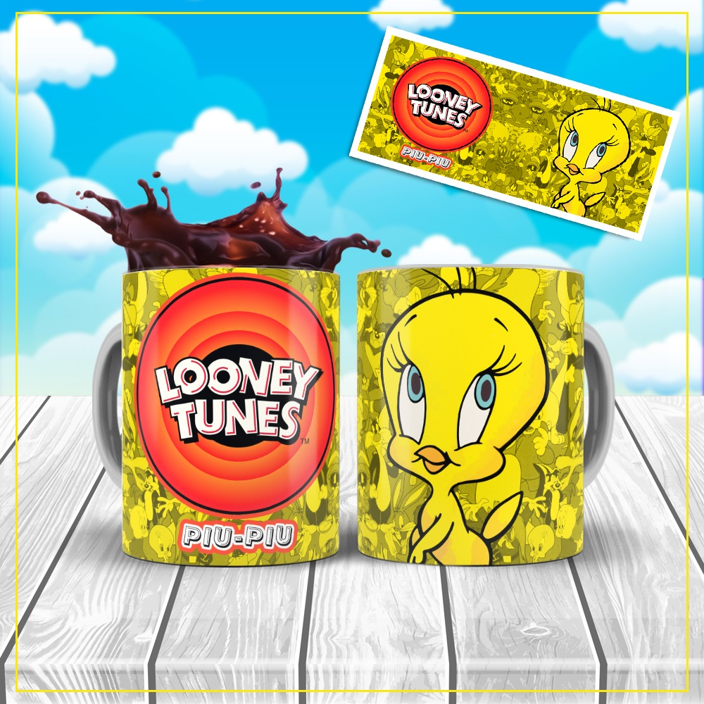 Caneca Branca Cerâmica/Porcelana/Polímero 325ml - Looney Tunes - PiuPiu Taz Ligeirinho Lola Patolino Pernalonga Marvin Papa Leguas Pepe Le Gamba  Coiote Hortelino Eufrazino Frajola Gaguinho.