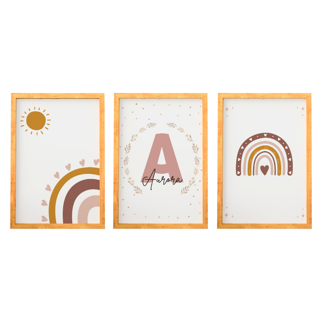 Kit Quadros Decorativos Boho Arco-íris Moldura Vidro Personalizado Infantil Menina Menino