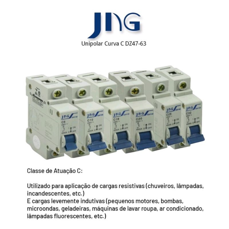Disjuntor Jng Din Curva C Unipolar e Bipolar 10A 16A 20A 25A 32A 40A 50A 63A 70A