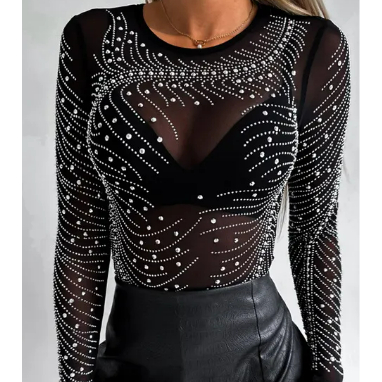 Body Feminino Tule Transparente em Strass  E Preto Liso Manga Comprida em Oferta na Shopee