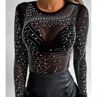Body Feminino Tule Transparente em Strass  E Preto Liso Manga Comprida em Oferta na Shopee