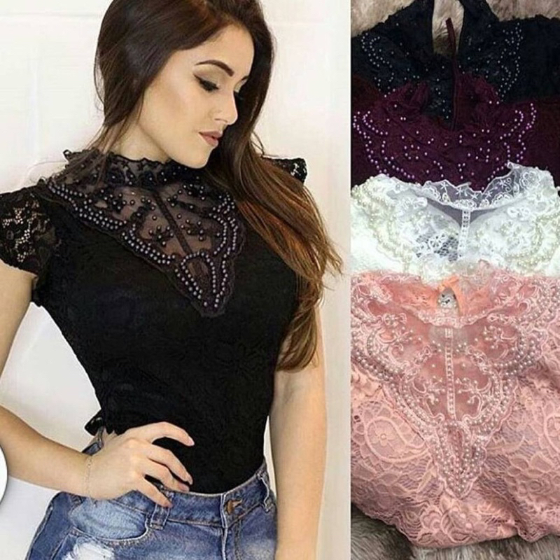 Body feminino Renda Guipir Com Pérola manga Curta