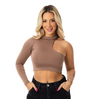 Blusa Cropped Lisa Ombro Só Manga Longa Decote Assimétrico