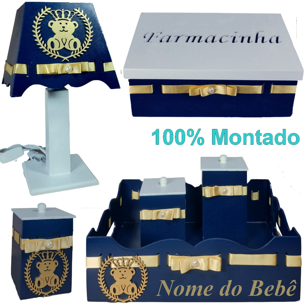 Kit de higiene para cuidados do bebê com nome mdf - Urso rei azul marinho com branco