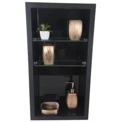 Nicho Em Porcelanato Vertical Preto Para Banheiro Com Prateleiras De Vidro