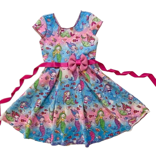 Vestido Infantil Festa Princesa Sereia Ariel Azul Rosa Lindo Colorido