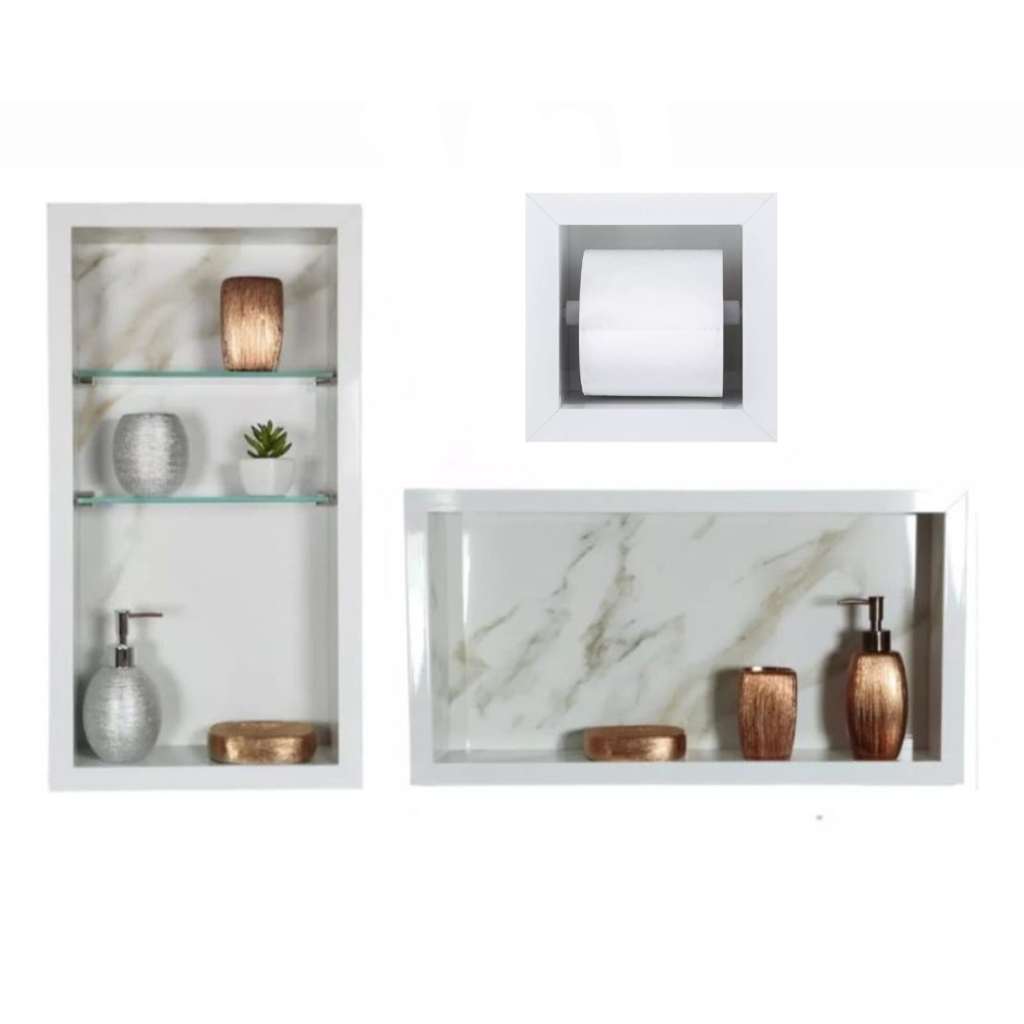 kit Nichos em Porcelanato + Nicho Vertical com Prateleira + papeleiro