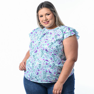 Blusa Manguinha Plus Size Romântica Casual Estampada Crepinho
