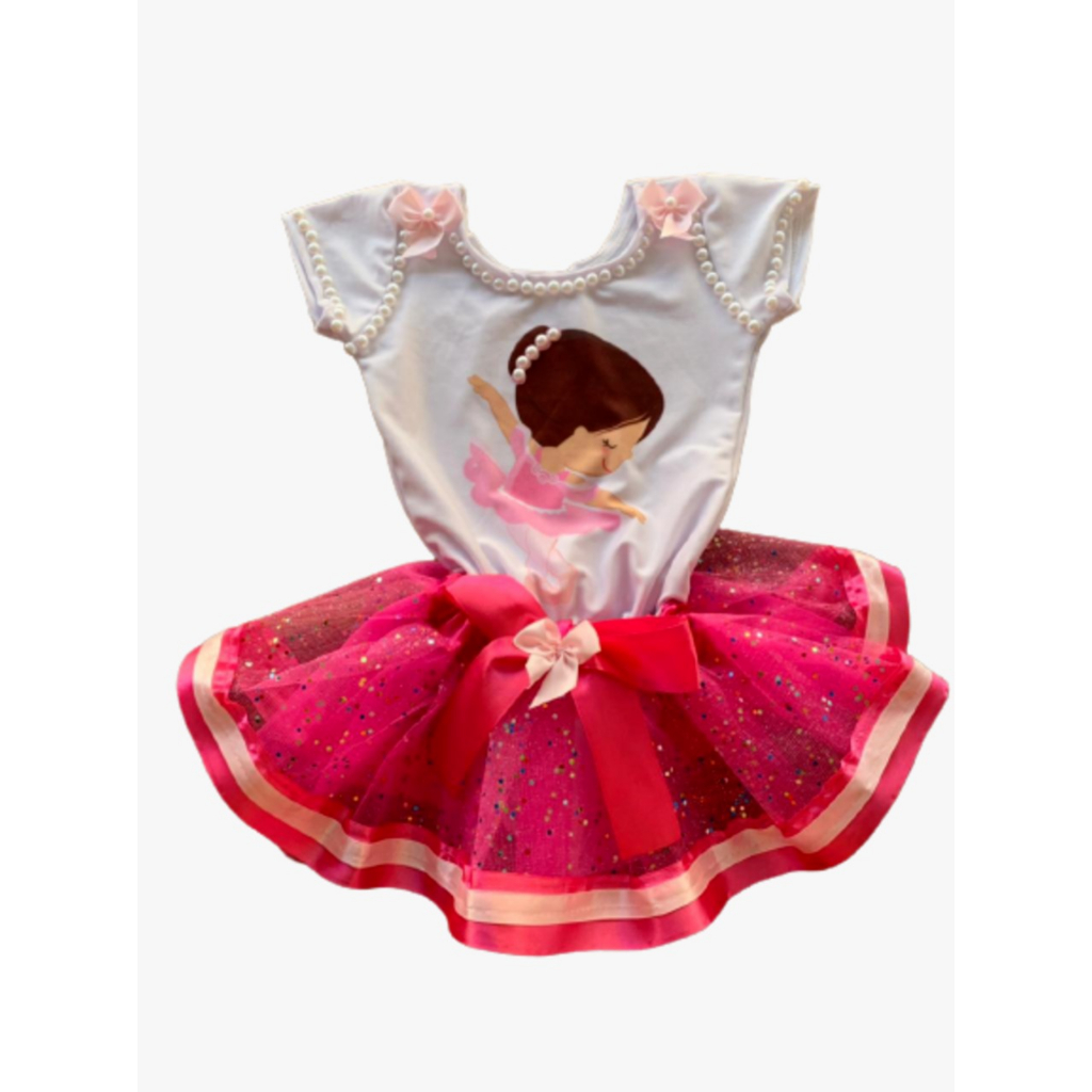 Conjunto Bailarina com Saia de Tule e Body Estampado e com Detalhes na Saia e no Body