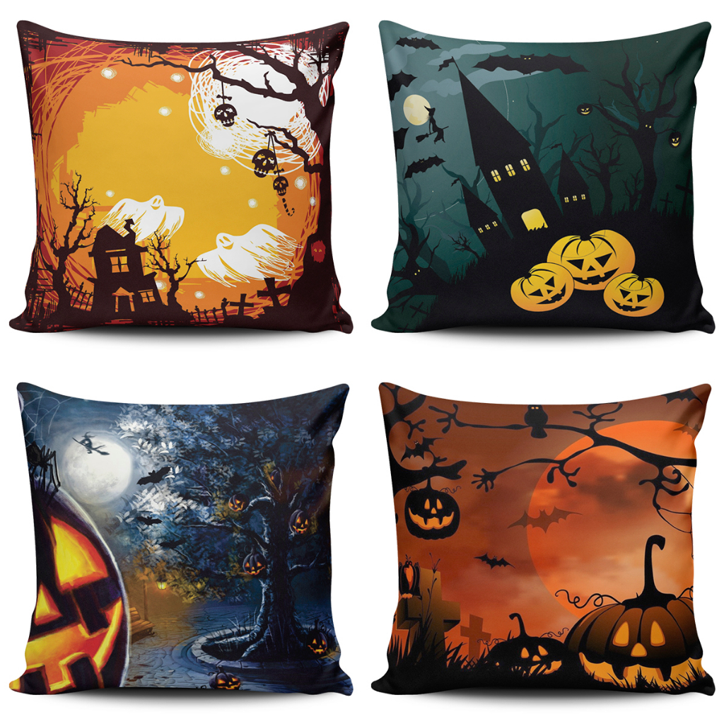 Kit 4 Capas de Almofada Halloween Decorativas Dias das Bruxas Abóbora