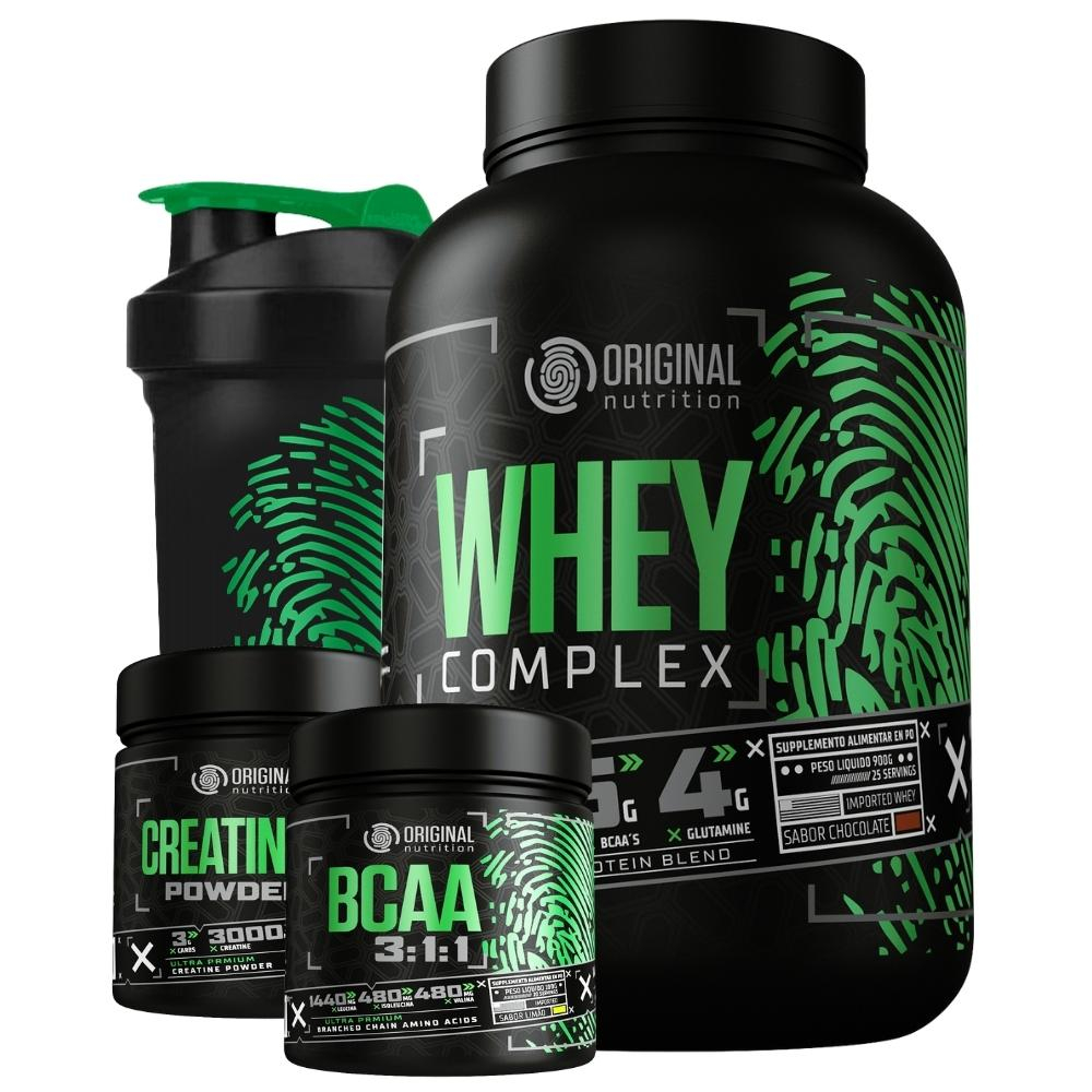 Kit Suplemento em pó Whey Complex Protein Blend + Bcaa + Creatina + Shaker ORIGINAL NUTRITION em Oferta na Shopee